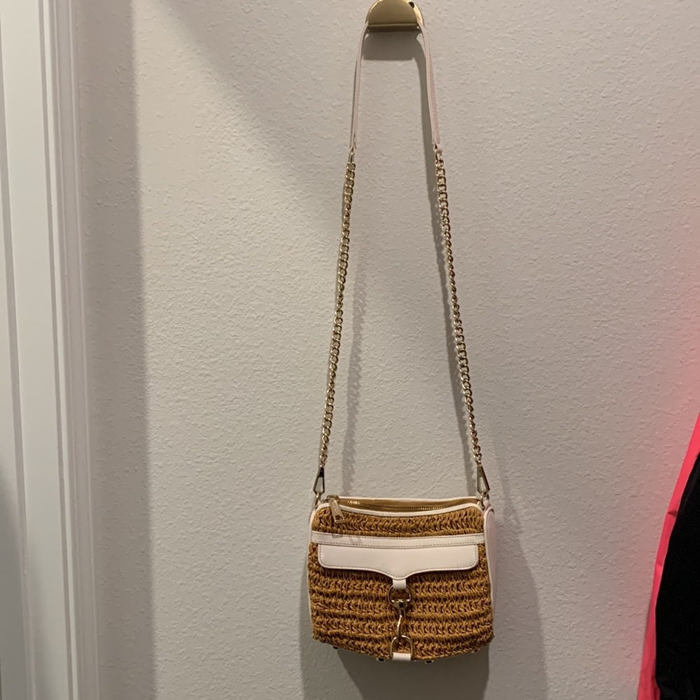 Rebecca minkoff woven and white leather crossbody bag with gold chain